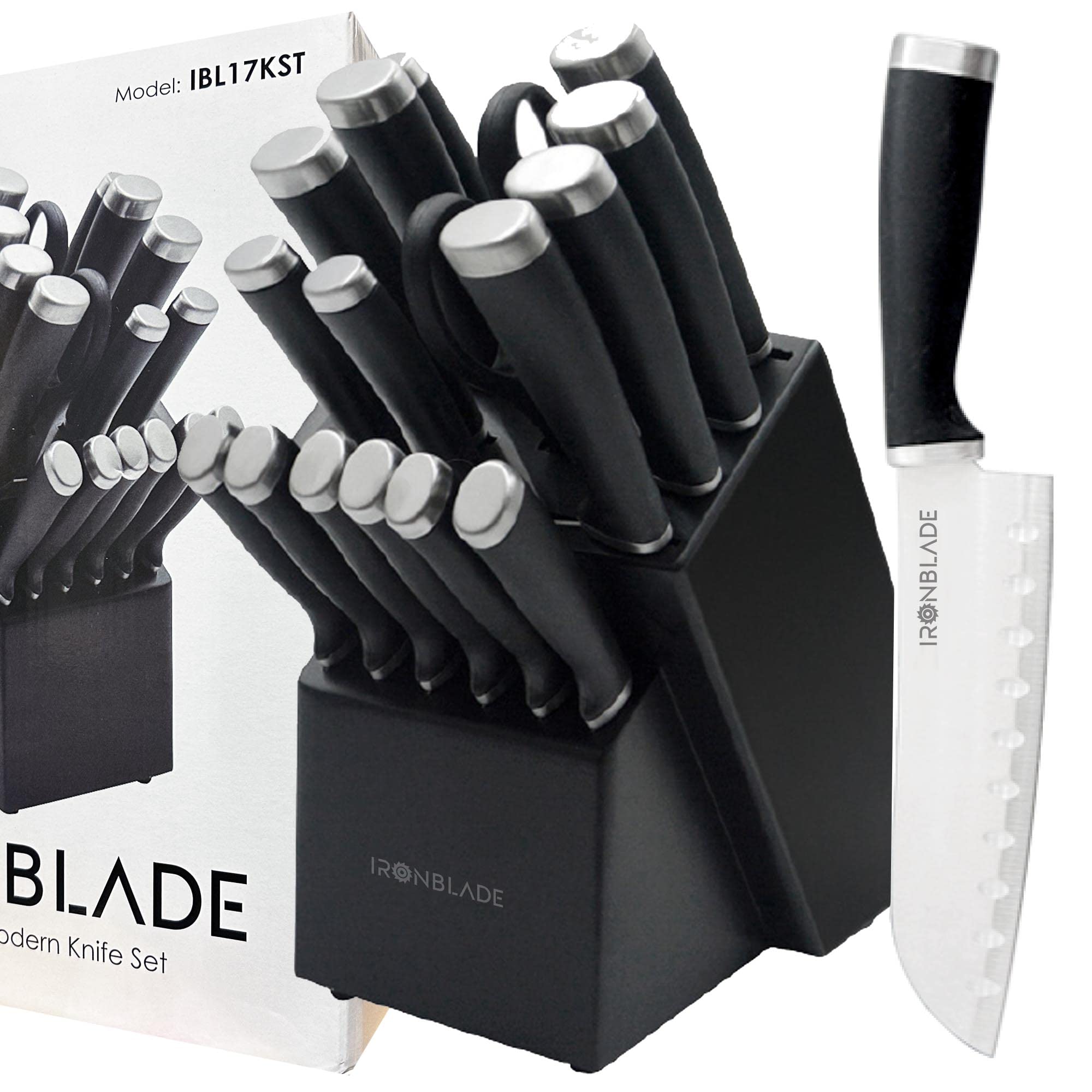 IRONBLADE Knife Set, 17-Pieces Kitchen Knife Set with Block Wooden German Stainless Steel with Special Blade Sharpener IRONBLADE Knife Set, 17-Pieces Kitchen Knife Set with Block Wooden German Stainless Steel with Special Blade Sharpener